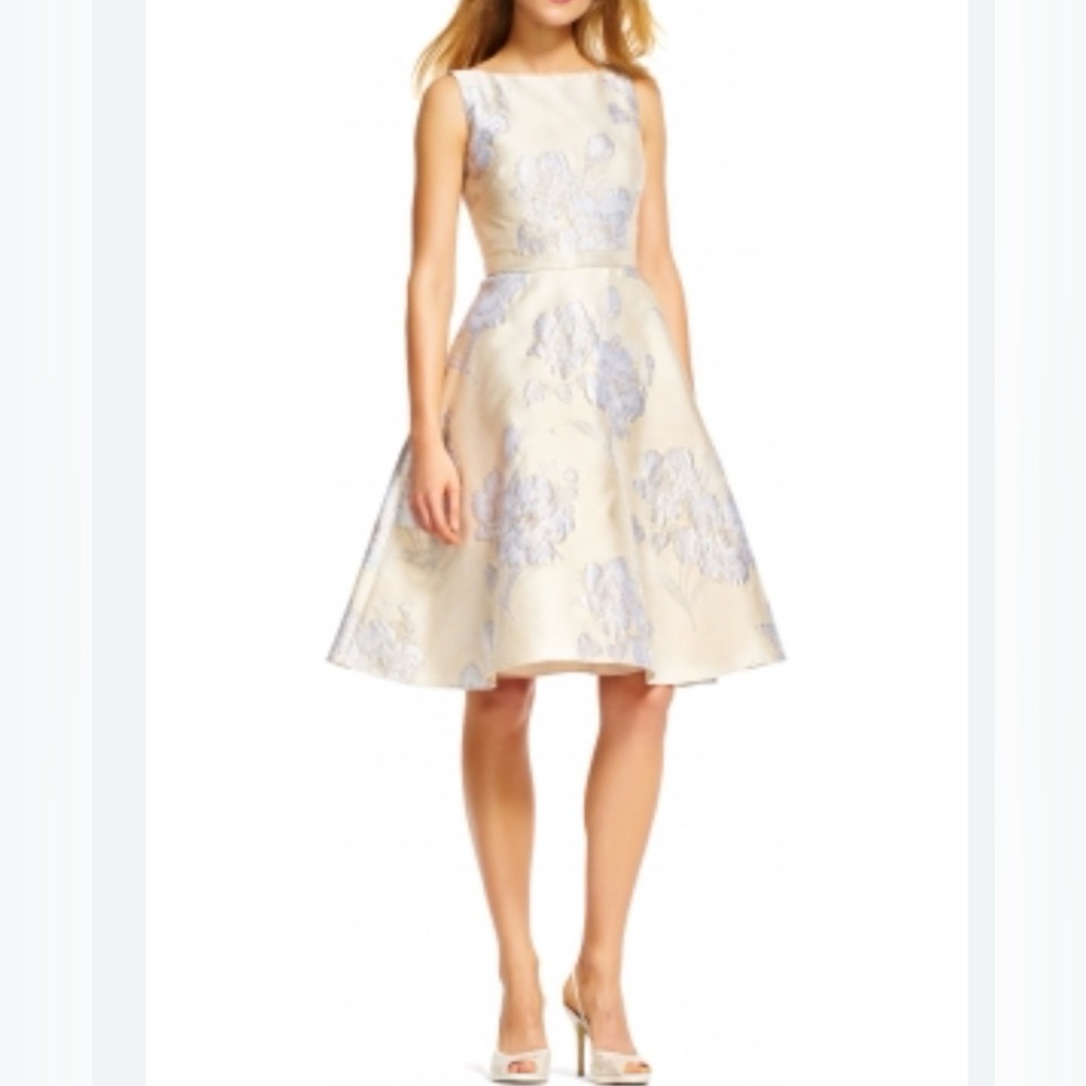 Adrianna Papell Beige Metallic Floral Jacquard A-line Dress US 10